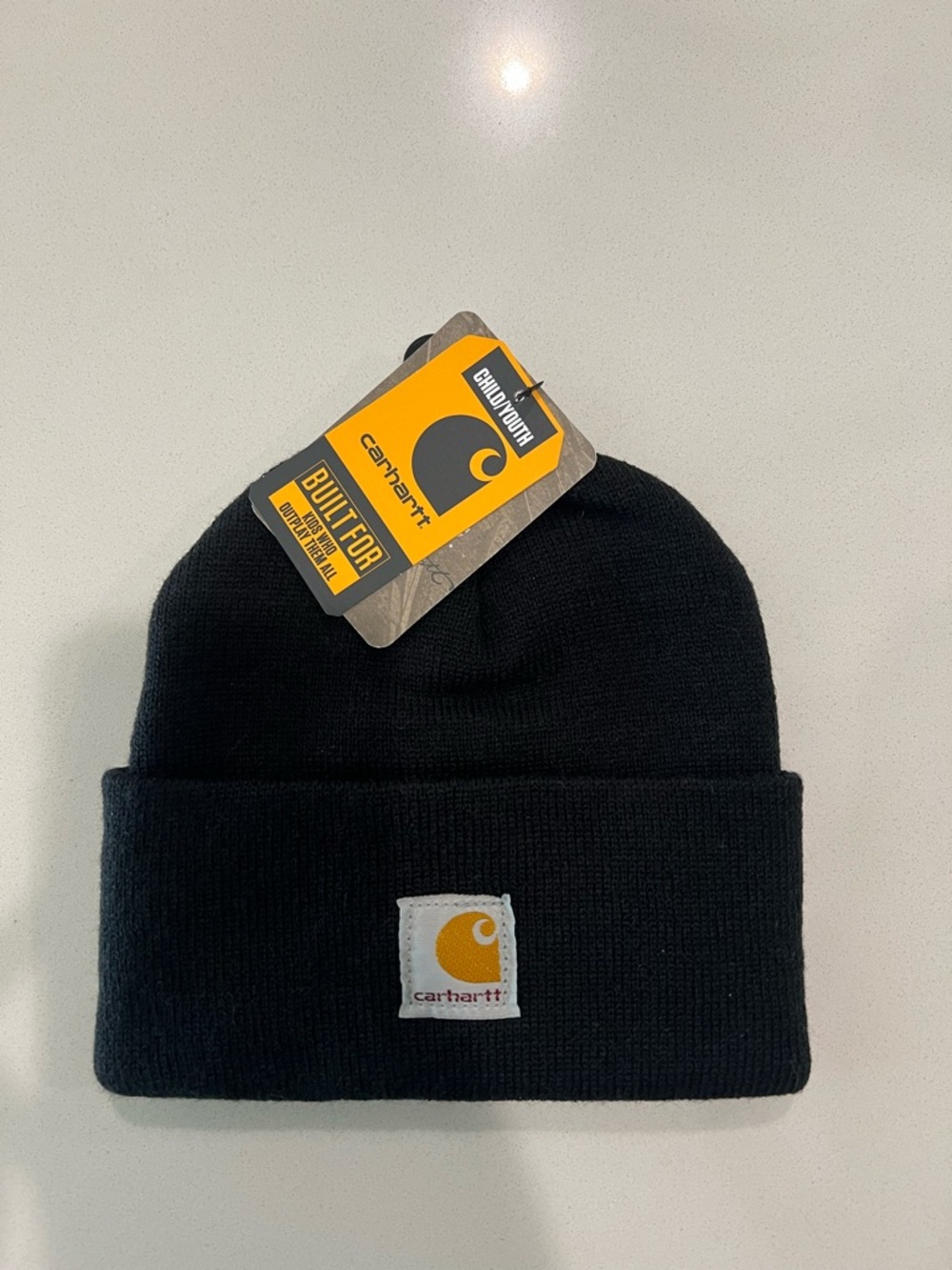 Carhartt Black Knit Cuffed Beanie with Yellow Logo Patch